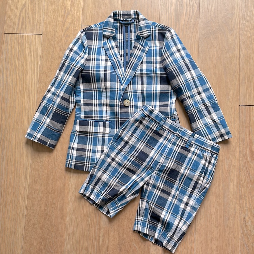 Crewcuts Ludlow blue plaid shirt suit blazer set boys 5